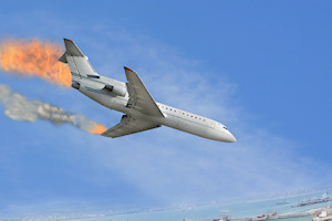 The image of burned airplane falling to the sea